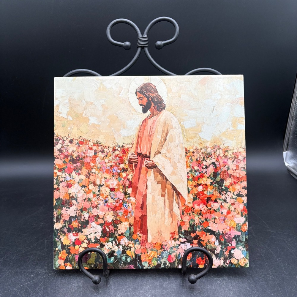Jesus Christ in Wildflowers Religious Shelf Art Tile Handpainted Religious 12x12